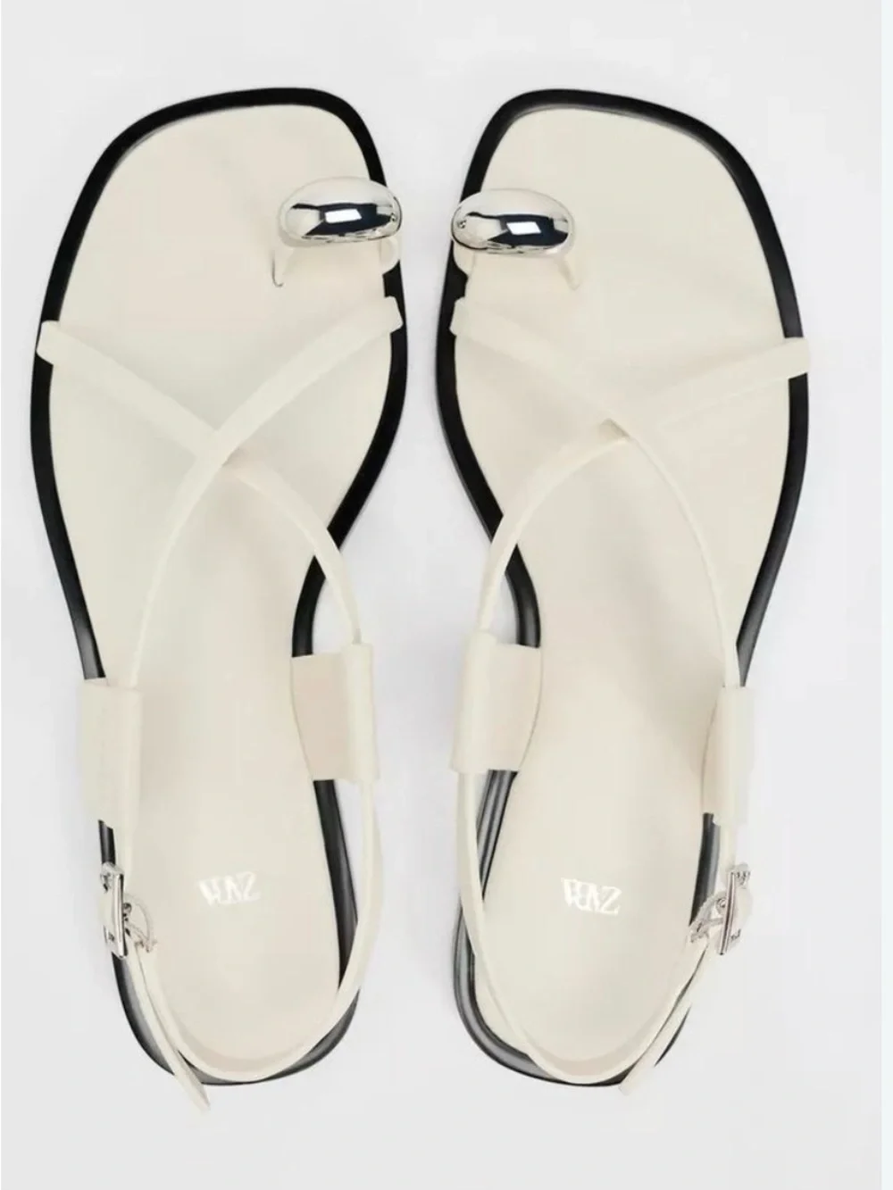 NEW Zara White Strappy Flat Sandals with Silver Toe Ring Accent
